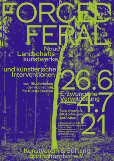 A duotone poster with a tree in the middle. The exhibition is called “Forced Feral”. The title is arranged on top of the tree as a treetop. The venue opperates as the root system. All additional informations are arranged around the tree.