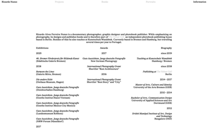 Website screenshot of the information page with short text about Ricardo Nunes with listed exhibitions, awards and biography